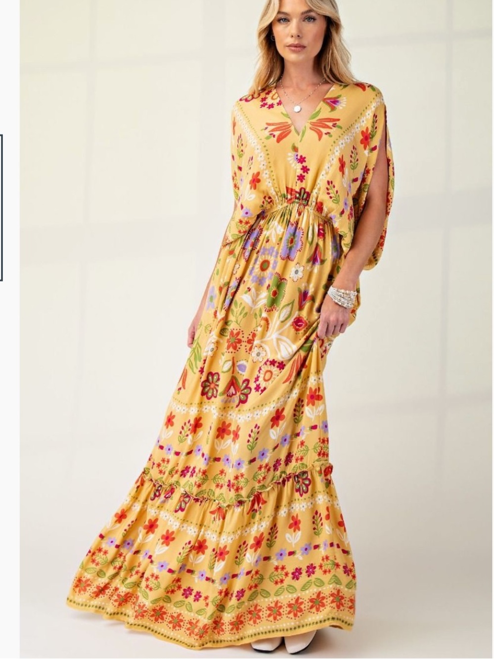Yellow Floral Maxi Dress with Drawstring Waist NWT